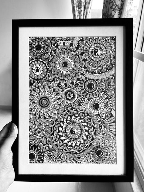 Interlinked intricate mandalas woven together in an A4 size frame A4 Size Sketches, A4 Mandala Art, A4 Size Mandala Art, A3 Size Mandala Art, A4 Size Frame, Aesthetic Doodles, Mandala Arts, Mandala Sketch, Easy Mandala