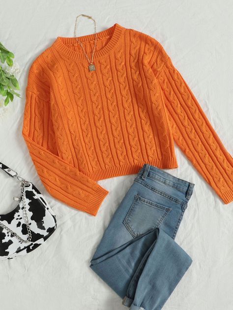 Orange Casual Collar Long Sleeve Fabric Plain Pullovers Embellished High Stretch  Women Knitwear Shoulder Cable, Cable Knit Sweater Womens, Striped Knitted Sweater, Cable Knit Jumper, Women Sweaters, Fashionista Clothes, Casual Winter Outfits, Knit Jumper, Knitwear Women