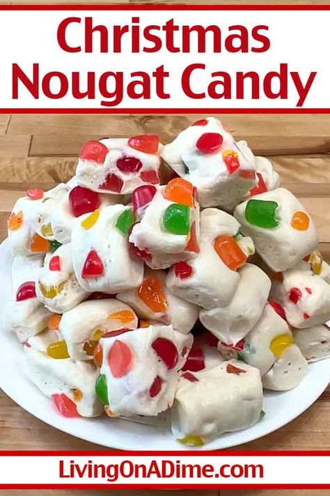 25 of the Best Easy Christmas Candy Recipes And Tips! Grandmas Christmas Candy 12 Tomatoes, Nougat Candy With Dots, Cherry Nougat Candy, Christmas Nougat Candy Recipes, Christmas Candy Treats For Gifts, Christmas Nougat Recipe, Dots Nougat Candy, Grandma’s Christmas Candy, Easy Nougat Recipe