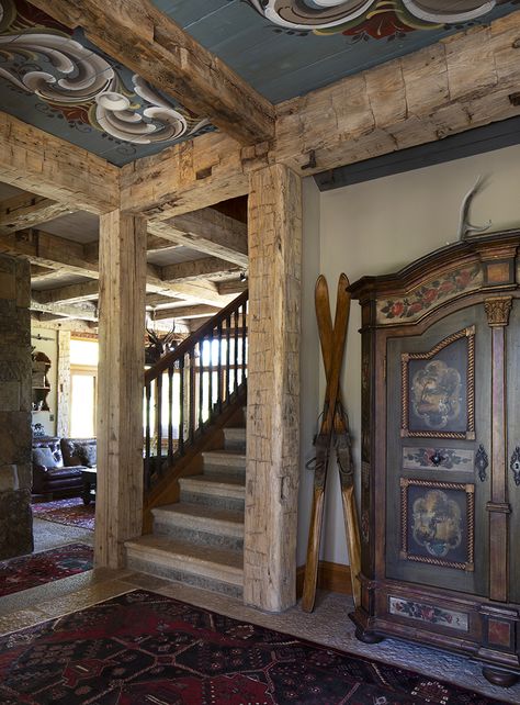 Stone floors, reclaimed oak beams, an antique Bavarian shrank (armoire) Bauernmalerei'd in the Four Seasons, old skis, and a hand painted ceiling done in Norwegian rosemaling by Cathy Koball. Bavarian Home Decor, Old Norwegian House Interior, Bavarian House Interiors, Bavarian Interior Design, Old German Houses Interior, Norway Home Interior, Norwegian Cabin Interior, Norwegian House Interior, Bavarian Home