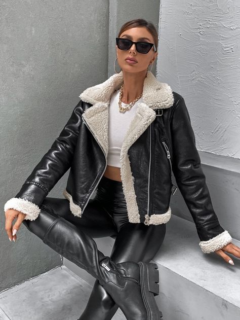 Fur Moto Jacket Outfit, Biker Jacket Outfit Women, Outfits Winter 2023, Teddy Jacket Outfit, Sherpa Jacket Outfit, Womens Leather Jacket Outfit, Fur Jacket Outfit, Biker Jacket Outfit, Moto Jacket Outfit