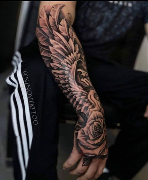 Wing On Forearm Tattoo, Half Hand Tattoo Men, Wing Forearm Tattoo For Men, Wing Tattoo Men Arm, Dark Sleeve Tattoo Men, Forearm Wing Tattoo, Wing Tattoo Arm, Arm Tattoos For Guys Forearm, Wing Tattoo Men