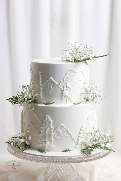 White Mountain Wedding Cake, Mountain Cake Wedding, Ski Theme Wedding Cake, Winter White Cake, Wedding Cakes Christmas Theme, Small Tier Wedding Cake, 2 Tier White Wedding Cake With Greenery, Winter Woodland Birthday Cake, Woodsy Wedding Cake Ideas