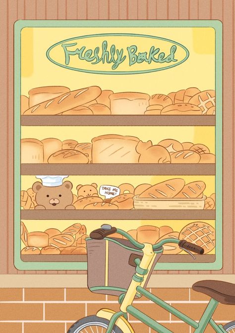 Bear Bakery, Bow Wallpaper, Artist Alley, Cafe Art, Cute Paintings, 캐릭터 드로잉, Animation Background, Food Illustrations, Freshly Baked