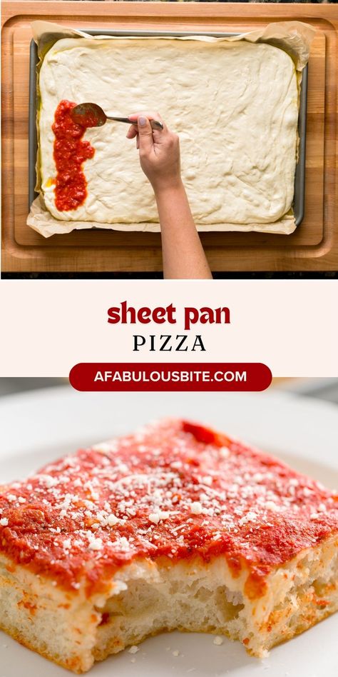 This sheet pan pizza recipe is foolproof and yields a fluffy yet crispy Sicilian-style crust that you won't believe came out of your own oven. Top with as many toppings as you like or keep it simple with just tomato sauce (my fave!). No pizza oven, no problem! Sicilian Pizza Recipe, Pan Pizza Recipe, Sicilian Style Pizza, Sheet Pan Pizza, Oven Top, Sicilian Style, Sicilian Pizza, Tomato Sauce Recipe, Pan Pizza