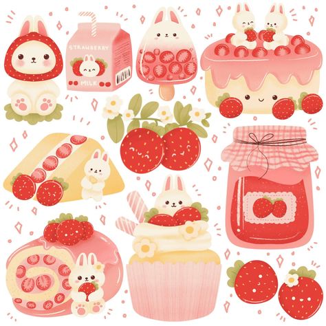 "Strawberry rabbit clipart" Bunny Food, Strawberry Dishes, Strawberry Bunny, Dessert Strawberry, Kawaii Clipart, 귀여운 음식 그림, Kartu Valentine, Cocoppa Wallpaper, Food Clipart