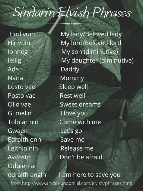 Endearments and other phrases in Sindarin Elvish Endearments In Different Languages, Elvish Language Learning, Elvish Words Lotr, Tolkien Elvish Words, How To Speak Elvish, Lord Of The Rings Elvish Writing, Sindarin Elvish Alphabet, Sindarin Elvish Phrases, Tolkien Elves Aesthetic