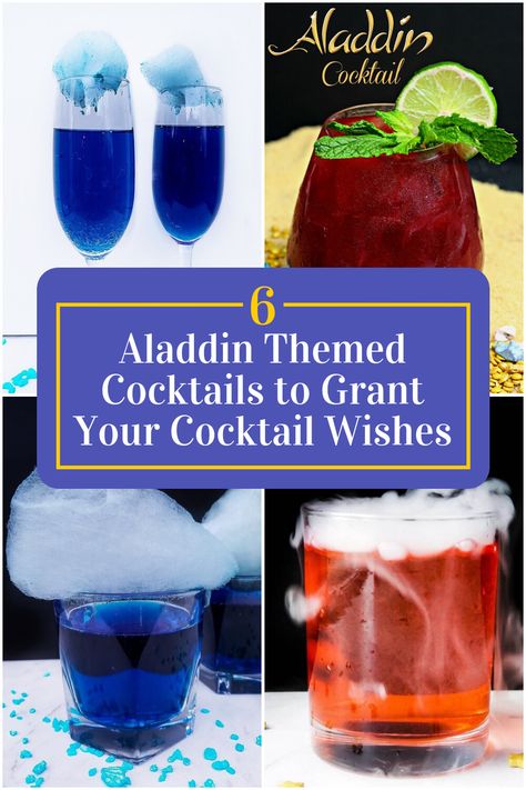 Collage of 4 aladdin themed cocktails. Disney Princess Cocktails Drink Recipes, Aladdin Snack Ideas, Disney Inspired Alcoholic Drinks, Aladdin Dinner Ideas, Aladdin Snacks, Aladdin Movie Night Food, Aladdin Party Food, Aladdin Themed Food, Aladdin Cocktail