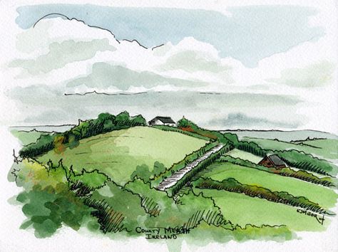 County Meath, Ireland, Ireland & Europe -  artwork by Emily Miller Ireland Watercolor Painting, London Art Drawing, Ireland Drawing, Meath Ireland, Emily Miller, Ireland Art, Plein Air Watercolor, Travel Sketchbook, Nature Sketch