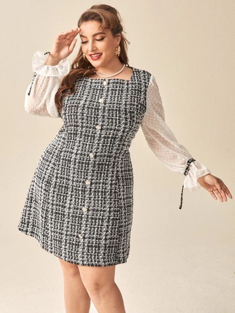 Plus Contrast Sleeve Plaid Tweed Dress | SHEIN USA Modern Office Outfits Women, Office Outfits Women Dress, Chanel Tweed Dress, Big Size Dress, Woolen Dresses, Plus Size Patterns, Plus Size Fall Fashion, Office Outfits Women, Check Dress