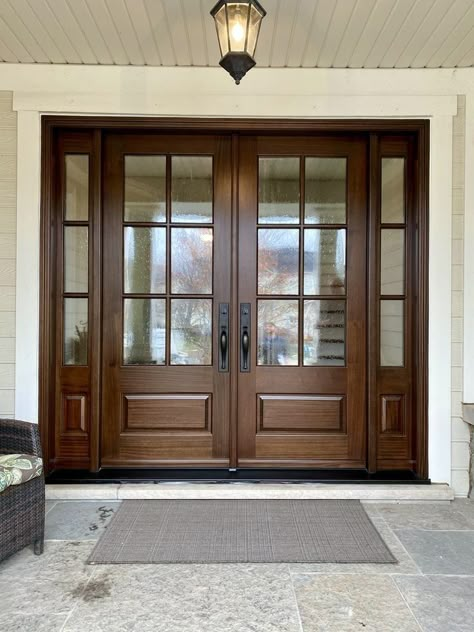 Oversized Wood Front Door, Wooden With Glass Door, 60 X 80 Double Doors, Double Doors With Side Lights, Double Front Doors Glass, Double Glass Front Door Entrance, Walnut French Doors, Double Entry Doors With Transom, Double Front Doors With Side Windows