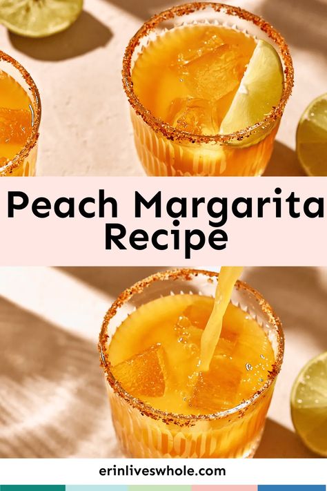 Peach Ranch Water, Peach Margarita Recipe, Peach Margarita Recipes, Fruity Drink Recipes, Flavored Tequila, Erin Lives Whole, Best Margarita Recipe, Tequila Recipe, Peach Margarita