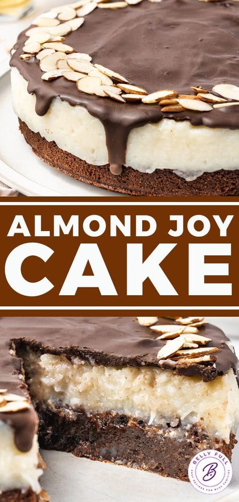 Almond Joy Cake Recipe - Belly Full Almond Joy Pie, Almond Joy Brownies, Almond Joy Cupcakes, Almond Joy Cake, Yummy Things To Bake, Coconut Filling, Almond Pound Cakes, Classic Candy, Almond Joy