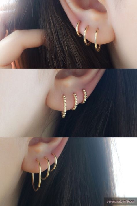 Solid 14K gold small hoop earrings to stack together!  Modern, simple yet elegant!  Minimal style and perfect to wear indefinitely! Ear Piercing For Women, Piercing Snug, Piercing For Women, Piercing Conch, Gold Diamond Earrings Studs, Gold Diamond Studs, Hammered Hoop Earrings, Fake Piercing, Bar Stud Earrings