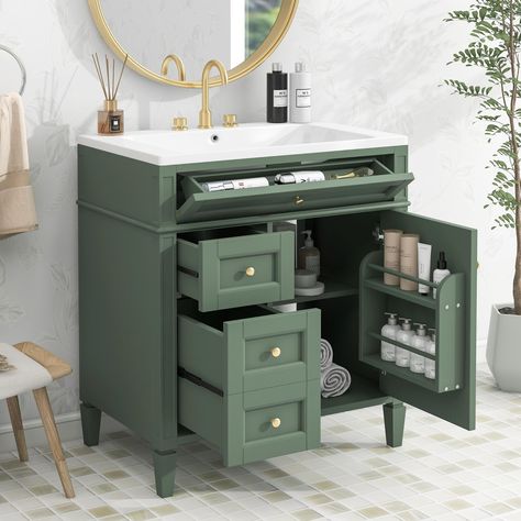 PRICES MAY VARY. [Stylish Green Vanity Set]: The adjustable hinges and slow closing design can reduce the noise during closing and bring a comfortable bathroom experience. The delicate alloy metal handles are both beautiful and durable in wet environments. The unique pattern of the bathroom cabinet has extraordinary visual enjoyment under the lamp. [Powerful Storage Space]: The bathroom cabinet is stylish and has a various storage structure. There are two spacious drawers on the left. The right Modern Bathroom Vanity Powder Room, Vintage Bathroom Vanity Ideas, Small Bathroom Vanity Designs, Dresser In Bathroom, Bathroom Sink Cabinet Ideas, Small Bathroom Cabinet Ideas, Pedestal Sink Cabinet, Small Bathroom Vanity Ideas, Tiny Bathroom Vanity