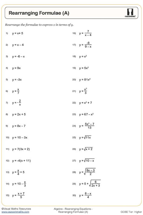 Explore the process of rearranging formulas with Rearranging formulae A resources for higher-tier students. This comprehensive guide covers formulas that require various steps, from simple rearrangements to complex ones involving up to six steps, including inversing square roots and squaring. Dive into equations with brackets and analyze the impact of expanding them before rearranging. Sharpen your math skills and deepen your understanding with this in-depth study resource for mastering formula Year 9 Maths Worksheets, Ks3 Maths Worksheets, Year 8 Maths Worksheets, Ks1 Maths Worksheets, Year 6 Maths Worksheets, Year 5 Maths Worksheets, Year 7 Maths Worksheets, Year 4 Maths Worksheets, Year 2 Maths Worksheets