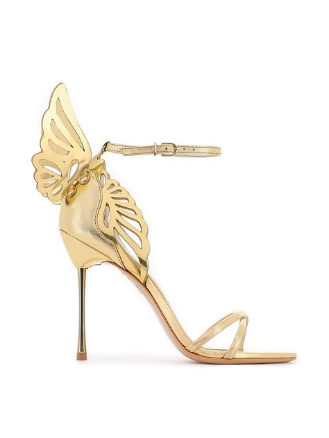 Shop Sophia Webster Heavenly Metallic Leather Ankle-Strap Sandals | Saks Fifth Avenue Sophia Webster Heels, Embroidery Sandals, Wing Design, Embroidered Butterfly, Gold Sandals, Sophia Webster, Gold Heels, Black Wedges, Cross Straps