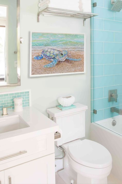 Paper prints or canvas prints of ocean themed art for your bathroom or any coastal themed room. #smallbathroomideas, #bathroomdecor, #bathroomart, #seaturtleart, #babyseaturtle, #beachart, #beachprints, #coastaldecor Turtle Bathroom Ideas, Bathroom Ocean Theme, Bathroom Ocean Decor, Blue Green Bathroom, Ocean Theme Bathroom, Turtle Bathroom Decor, Modern Coastal Interior, Ocean Bathroom Decor, Turtle Bathroom