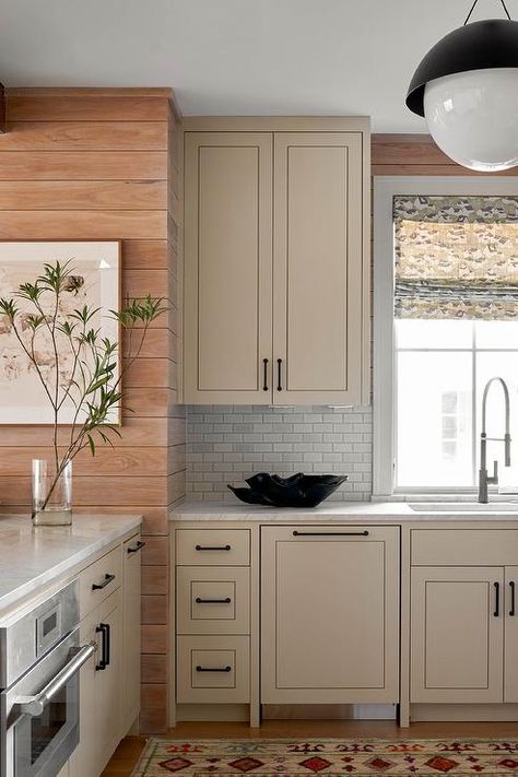 Light Taupe Kitchen, Light Taupe Kitchen Cabinets, Taupe Kitchen Cabinets, Collins Interiors, Small Studio Apartment Design, Taupe Kitchen, Bronze Pulls, Kitchen Refresh, Kitchen Remodel Inspiration