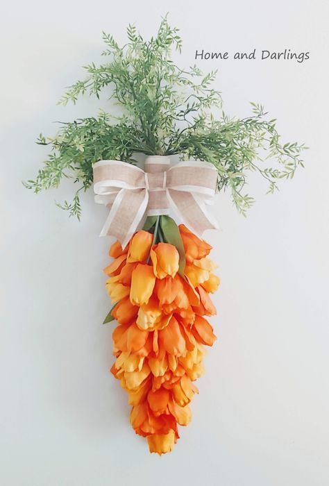 Easy DIY Spring Carrot Wreath - Home and Darlings Oster Dekor, Carrot Wreath, Diy Frühling, Easter Wreath Diy, Easter Carrots, Diy Ostern, Tulip Wreath, Spring Easter Crafts, Easter Eggs Diy