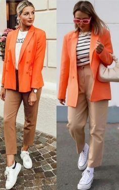 Orange Blazer Outfits For Women Casual, Blazer Naranja Outfit Mujer, Outfits Con Blazer Naranja, Orange Blazer Outfits For Women, Casual Outfits Cold Weather, Casual Outfits Cold, Coral Blazer Outfit, Orange Jacket Outfit, Blazer Outfits For Women Casual