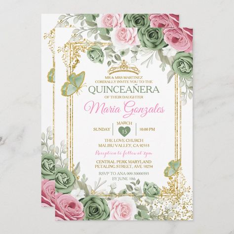 Sage Green QuinceaÃ±era Pink Gold Crown Butterfly Invitation Zazzle Sage Green And Champagne Quinceanera Theme, Light Green Quince Invitations, Sage Green Enchanted Forest Quince, Sage Quinceanera Invitations, Sage Green And Silver Quinceanera Theme, Sage Green Xv Invitations, Sage Quince Invitations, Sage Green Decorations For Quince, Sage Quince Makeup