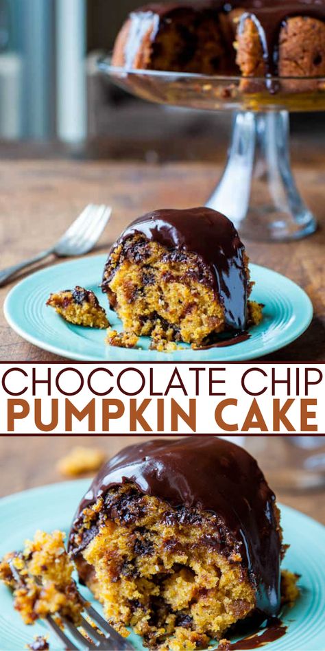 Pumpkin Chocolate Chip Bundt Cake (+ Ganache Frosting) - Averie Cooks Pumpkin And Chocolate Cake Mix Recipes, Pumpkin Cake With Chocolate Chips, Pumpkin Chocolate Chip Bundt Cake, Pumpkin Chocolate Chip Bundt, Pumpkin Chocolate Chip Cake, Roasted Pumpkin Recipes, Fresh Pumpkin Recipes, Chocolate Chip Bundt, Cake Ganache