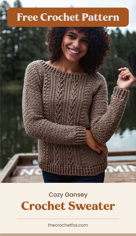 Stay warm and stylish this fall and winter seasons by making this cozy textured knit sweater. This easy crochet pattern features a variety of stitches and is worked sideways, back and front separately. This stunning piece makes for a heartfelt handmade DIY gift for friends and family.| More free crochet patterns at thecrochetfox.com Crochet Womens Sweater Pattern Free, Knit Top Down Sweater, Crochet Winter Top, Free Crochet Sweater Patterns For Women, Crochet Winter Sweater, Crochet Sweater Pattern Free Women, Free Crochet Sweater Patterns, Cable Sweater Pattern, Ladies Jumpers