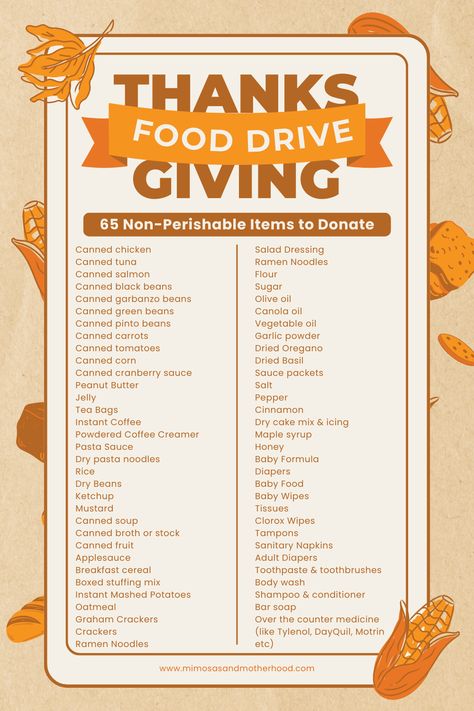 Our family believes in practicing an attitude for gratitude year round. During the holiday season it’s especially important to give back to those in need, and Thanksgiving is a popular time to do just that with a food drive. We’ve compiled this Thanksgiving non perishable foods list to help! Non Perishable Foods List, Thanksgiving Food List, Thanksgiving Food Drive, Canned Food Drive, Canned Cranberries, November Ideas, Non Perishable Foods, Canned Cranberry Sauce, Non Perishable