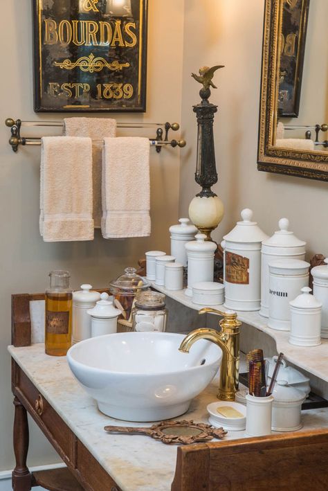 Apothecary Bathroom, Apothecary Jars Bathroom, Apothecary Jars Decor, Gothic Bathroom, Apothecary Decor, Bathroom Jars, Jar Collection, Sink Decor, Cosy Interior