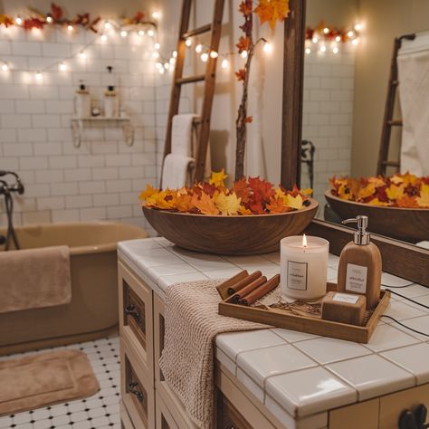 Bathroom Fall Decor Ideas 😍🧡🧡 Fall Aesthetic Bathroom, Fall Themed Bathroom, Bloxburg Autumn, Autumn Bathroom, Fall Bathroom Decor Ideas, Teen Bathrooms, Fall Bathroom Decor, Fall Bathroom, Fall Room