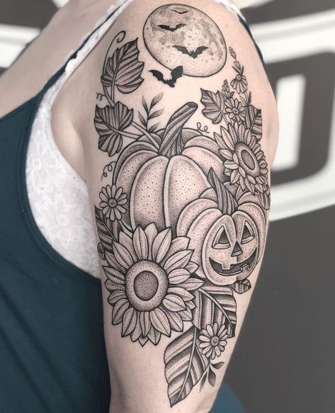 Half Sleeve Tattoos For Women Upper Arm Halloween, Fall And Halloween Tattoos, Pumpkin And Flowers Tattoo, Halloween Arm Sleeve Tattoo, Pumpkin Fall Tattoo, Halloween Half Sleeve Tattoos For Women, Fall Floral Tattoo Sleeve, Halloween Shoulder Tattoos For Women, Fall Theme Tattoo Ideas