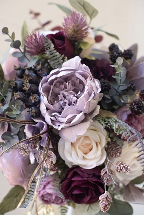 Lavender And Wine Wedding Colors, Purple Burgundy Wedding Flowers, Purple And Burgundy Bouquet, Taupe And Purple Wedding, Moody Purple Wedding Flowers, Deep Purple Flower Arrangements, Plum And Lilac Wedding Bouquet, Plum Floral Arrangements, Purple Roses Centerpieces