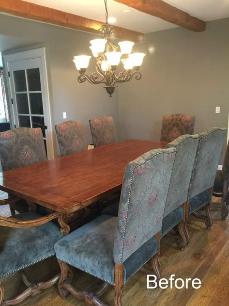 Dining Rooms 2023, Dining Room Dark Table, Modern Traditional Dining Table, Dining Room Upholstered Chairs, Update Dining Room, Updated Traditional Dining Room, Traditional Dining Room Chairs, Formal Dining Room Decor, Traditional Dining Room Furniture