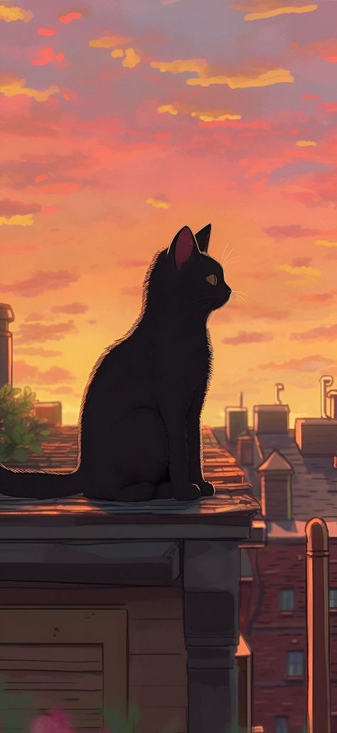 Cat Lofi Aesthetic Wallpaper, Black Cat Poster Aesthetic, Lofi Cat Aesthetic, This Wallpaper Is Not Available Black, Black Cat Anime Wallpaper, Iphone Wallpaper Aesthetic Cat, Cat Home Screen Ideas, Cat Paintings Aesthetic, Cat Iphone Wallpaper Aesthetic