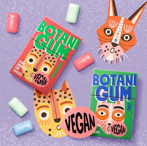 Botani Gum | Dieline - Design, Branding & Packaging Inspiration Bubble Gum Branding, Gum Packaging, Gum Brands, Bubble Yum, Kids Packaging, Snacks Packaging, Trendy Graphic Design, Naive Illustration, Candy Packaging