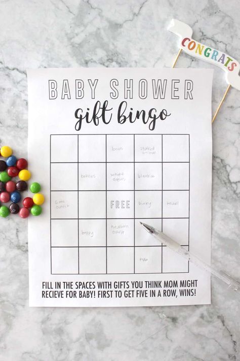 Cheap Baby Shower Favors, Baby Shower Gift Bingo, Gift Bingo, Easy Baby Shower, Easy Baby Shower Games, Baby Shower Gifts For Guests, Gift Opening, Free Printable Baby Shower Games, Personalized Baby Shower Favors