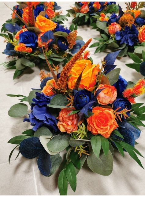 Burnt Orange Navy Blue Table Centerpiece, Floral Table Decor, Blue Orange Wedding Decor - Etsy Canada Orange Blue Flower Arrangement, Orange Wedding Decor, Orange And Blue Wedding, Blue Orange Weddings, Orange Wedding Decorations, Navy Blue Wedding Theme, Floral Table Decor, Sprinkle Ideas, Blue Fall Decor