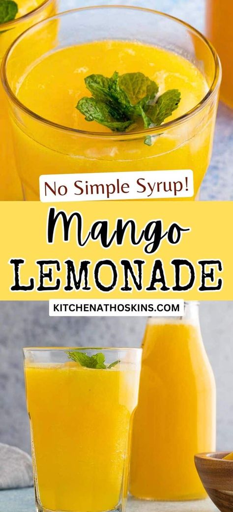 Learn how to make homemade mango lemonade recipe without simple syrup and with fresh mangoes. This non alcoholic summer drink is perfect for kids or for a party. Get the easy mango lemonade recipe at kitchenathoskins.com. Yummy Summer Drinks Non Alcoholic, Fruit Drinks Non Alcoholic, Mexican Lemonade, Pretty Lemonade, Lemonade With Lemon Juice, Lemonade Recipe Homemade, Mango Lemonade Recipe, Mango Drink, Drinks Nonalcoholic