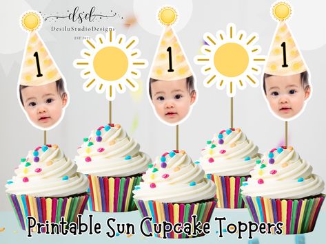 First Trip Around the Sun Face Photo Cupcake Toppers Printable, Cupcake Face Toppers, Sunshine Boho Cupcake Toppers, Sun Theme Birthday by DesiLuStudioDesigns on Etsy First Trip Around The Sun Birthday Party Cupcakes, Sun Theme Birthday, Boho Cupcake Toppers, Photo Cupcake Toppers, Sun Theme, Funny Cupcakes, Cupcake Toppers Free, First Birthday Cupcakes, Custom Cupcake Toppers