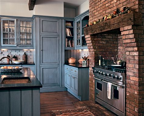 Farmhouse Kitchen With White Cabinets And Brick Backsplash, Kitchen Brick Fireplace, Brick Oven Surround Kitchen, Brick Oven In Kitchen, Exposed Brick Fireplace Kitchen, Brick Stove Alcove, House Plans With Fireplace In The Middle, Brick Around Oven In Kitchen, Brick Oven Kitchen Indoor