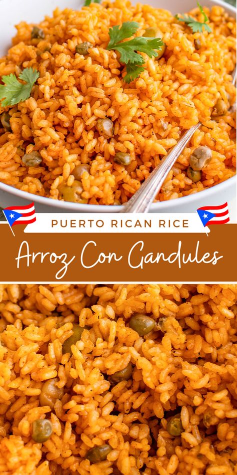 This Arroz con Gandules -- also known as Puerto Rican Rice with Pigeon Peas -- is a flavorful Puerto Rican rice dish made with gandules (pigeon peas), green olives and sofrito. Learn all my tricks on how to get perfect rice every time! #ArrozConGandules #PuertoRicanRice #PuertoRicanRecipes #Rice #PuertoRicanDishes Puerto Rican Rice In Rice Cooker, How To Make Puerto Rican Rice, Rice And Gondolas Recipe, Arroz Con Gandules Rice Cooker, Arroz Con Gandules Puerto Rican, Puerto Rican Recipes Rice, Arroz Con Gandules Recipe, Rice With Pigeon Peas, Puerto Rican Rice