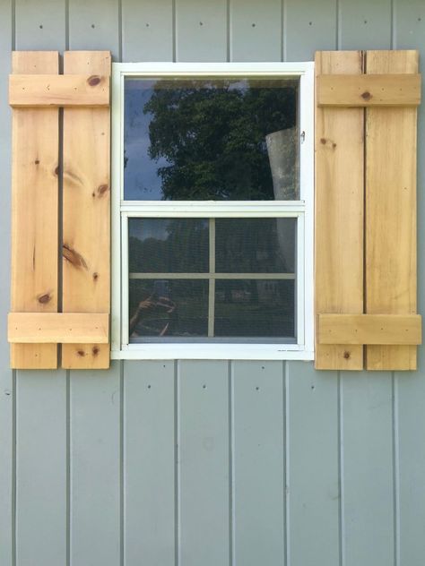 Easy Scrap Wood Shutters Homemade Shutters, Wooden Shutters Exterior, Old Fence Wood, Window Shutters Exterior, Seeking Lavender Lane, Diy Exterior, Shed Windows, Rustic Shutters, Mobile Home Renovations