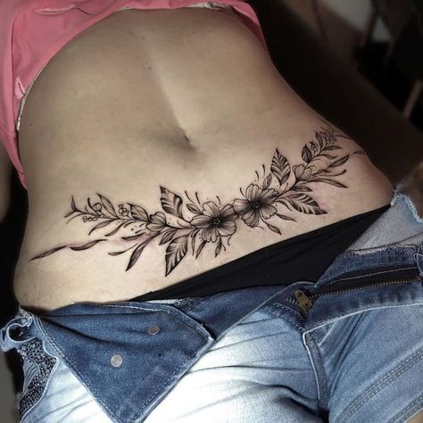 Waist Scar Tattoo, Tattoo To Cover C Section Scar, Belly Tattoo Designs For Women, Abs Tattoos Women, Lower Ab Tattoo Women, Tummy Tattoos For Women Lower Stomach, Lower Abdomen Tattoo Women, Tummy Tucks Tattoo Cover Up, Abdominal Tattoo