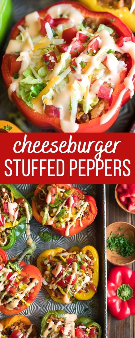 photo collage of cheeseburger stuffed peppers with burger toppings and cheese sauce Cheeseburger Stuffed Peppers, Mealprep Dinner, Stuffed Vegetables, Veggie Burgers Recipe, Burger Toppings, Cheese Burger, Homemade Cheese, Minced Meat, Meal Suggestions