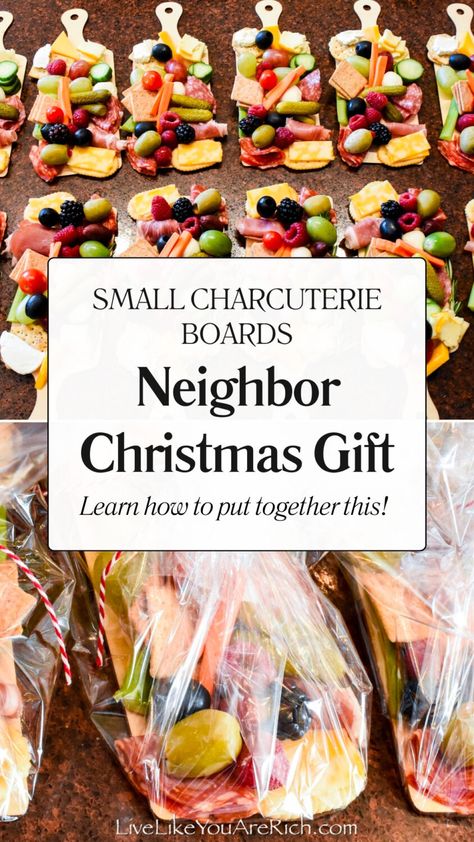 Neighbor Christmas Gift Small Charcuterie Boards - Live Like You Are Rich Gifting A Charcuterie Board, Gift Charcuterie Board Ideas, How To Gift A Charcuterie Board, Christmas Charcuterie Board Gift Ideas, Christmas Charcuterie Box Ideas, Mini Christmas Charcuterie Board, Mini Charcuterie Board Gift Ideas, Charcuterie Christmas Gift, Christmas Neighbor Gifts Ideas