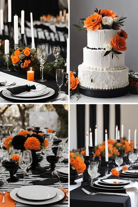 Black and White Wedding Ideas: Beautiful Black and White Wedding Color Ideas With a Pop of Orange - Francisca's Bridal Orange Wedding Color Scheme, Orange Wedding Color Palette, Black And White Wedding Ideas, Wedding Color Palette Ideas, Orange Wedding Bouquet, White Wedding Ideas, Boho Wedding Colors, Orange Wedding Themes, Winter Wedding Color Palette