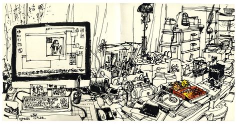 130914 my messy desk | Don Low | Flickr Artist Desk, Drawing Desk, Messy Desk, Bedroom Drawing, Messy Art, Background Drawing, Artist Sketchbook, Art Desk, Sketchbook Pages