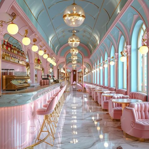 Premium Photo | Whimsical ice cream parlor with pastel colors and vintage decor d render Fancy Cafe Interior, Ice Cream Parlor Design, Ice Cream Parlor Interior, Ice Cream Shop Ideas, Sweet Shop Interior, Vintage Cafe Interior Design, Ice Cream Shop Interior Design, Retro Ice Cream Shop, Ice Cream Shop Design