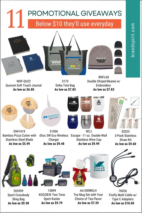 Is your promotional giveaway budget $10 and below? We've made a list of 11 promo items that cost less than ten bucks in bulk and the selection is actually of things recipients will use everyday. From branded bags to charging cables, they'll find themselves reaching for these promotional gifts at work, while out and about, or at home. Available in brandspirit.com. Promotional Gifts Ideas Marketing, Swag Bags Ideas Events Business, Company Gifts Business, Corporate Promotional Items, Promotional Items Marketing, Cheap Promotional Items, Promotional Items For Business, Unique Promotional Items, Conference Swag